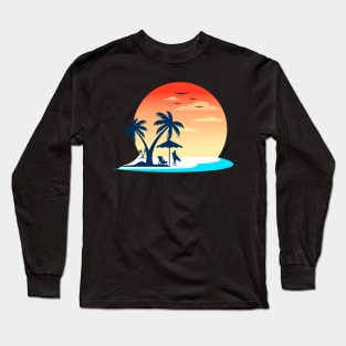 Beach Man Cool Summer Holliday Sun Set And Palm Trees Long Sleeve T-Shirt
